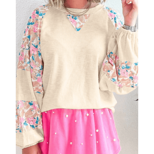 Stacey Apricot Textured Floral Patchwork Balloon Sleeve Blouse