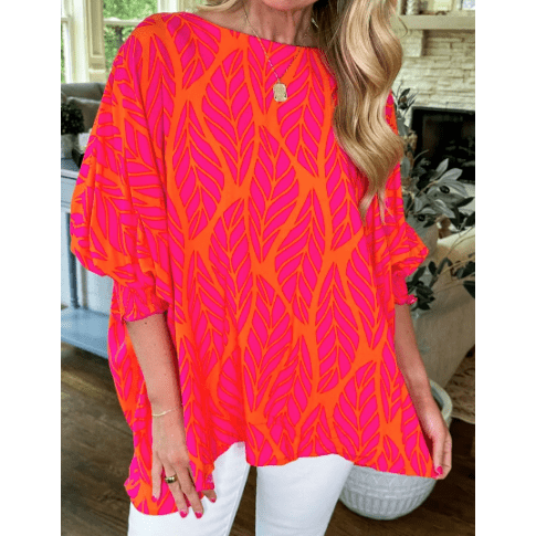 Estrella Tropical Leaf Print Smocked Puff Sleeve Blouse