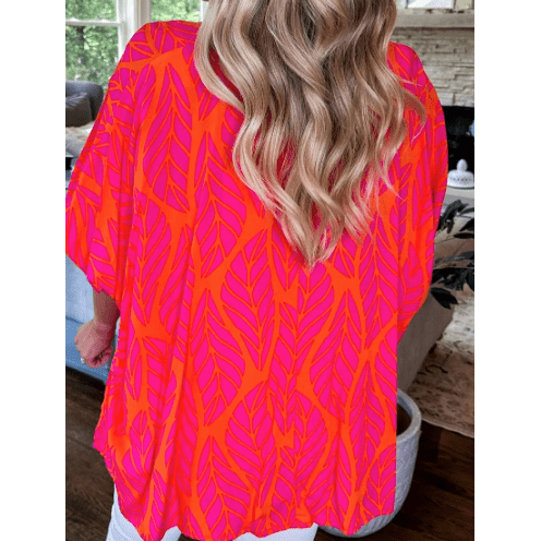 Estrella Tropical Leaf Print Smocked Puff Sleeve Blouse