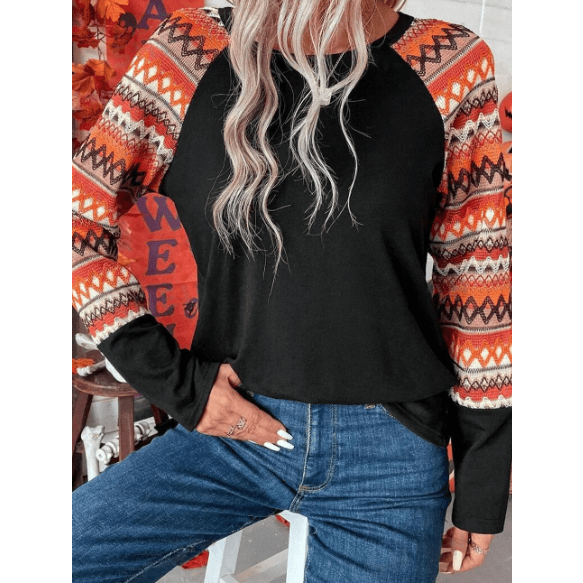 Hali Orange Geo Print Raglan Patchwork Long Sleeve Tee