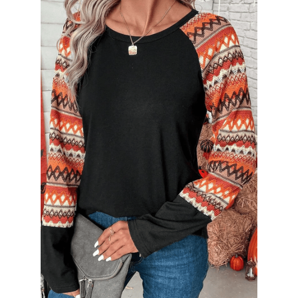 Hali Orange Geo Print Raglan Patchwork Long Sleeve Tee