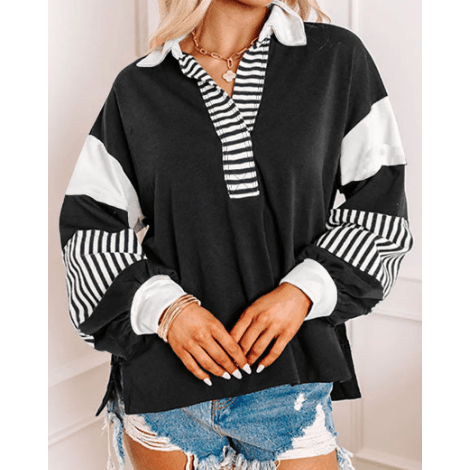 Nomi Black Striped Colorblock Patchwork Collar Sweatshirt