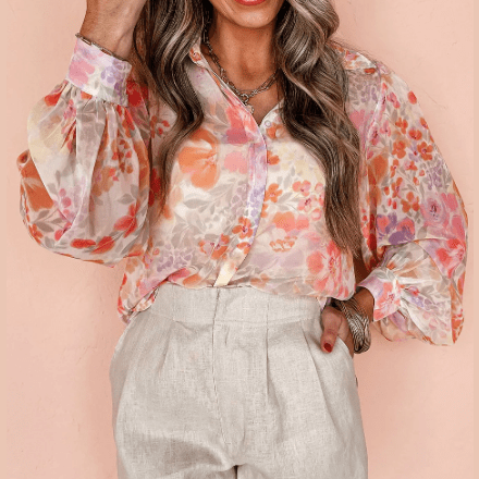 Myah White Floral Print Collared Balloon Sleeve Loose Shirt