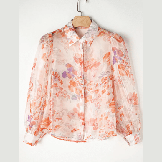 Myah White Floral Print Collared Balloon Sleeve Loose Shirt