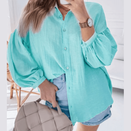 Abbey Iceland Blue Puff Sleeve Loose Fit Buttoned Shirt