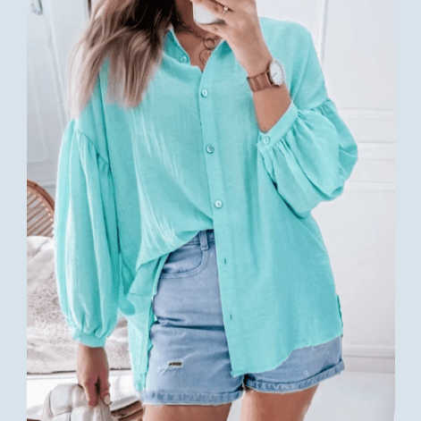 Abbey Iceland Blue Puff Sleeve Loose Fit Buttoned Shirt