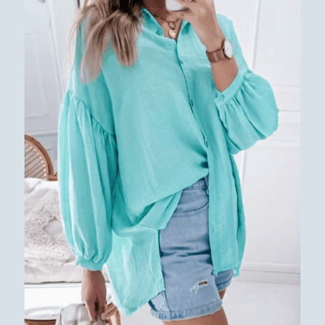 Abbey Iceland Blue Puff Sleeve Loose Fit Buttoned Shirt