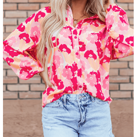 Melony Pink Blooming Floral Print Puff Sleeve Buttoned Shirt