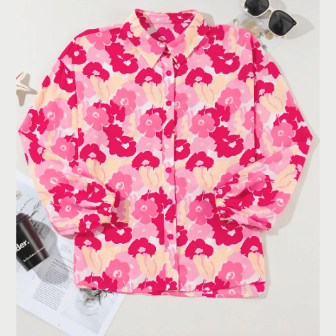 Melony Pink Blooming Floral Print Puff Sleeve Buttoned Shirt