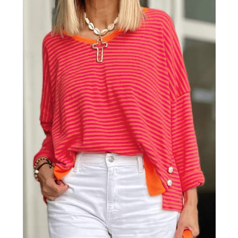 Deni Tomato Red Two Tone Striped Side Buttons Drop Shoulder Top - S to 4X