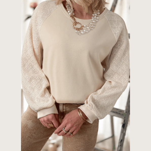 Elaine Parchment Eyelet Knit Patchwork Raglan Sleeve Pullover Top