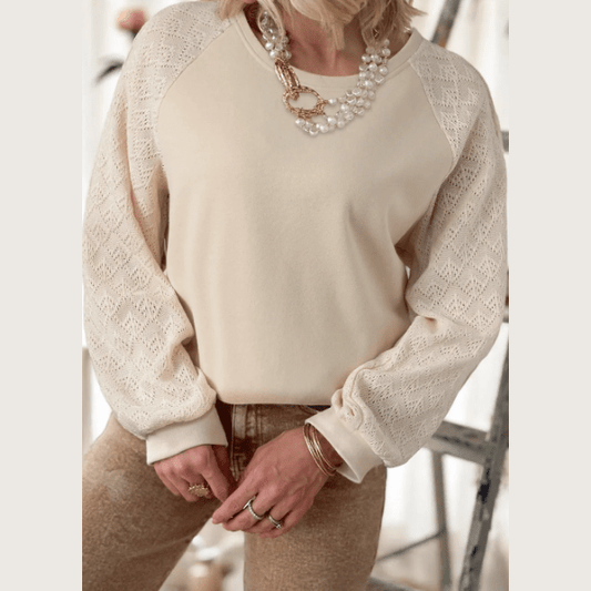 Elaine Parchment Eyelet Knit Patchwork Raglan Sleeve Pullover Top