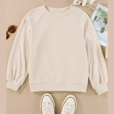 Elaine Parchment Eyelet Knit Patchwork Raglan Sleeve Pullover Top