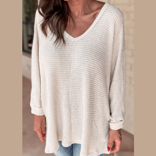 Bridy White Waffle Knit Side Slits Loose Fit V Neck Top