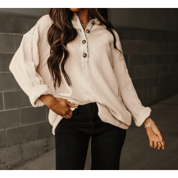 Izzy Cream Waffle Long Sleeve Collar Half Button Loose Top * S-3X