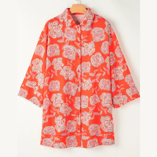 Peg Red Floral Print Lapel Collar Loose Shirt Mini Dress