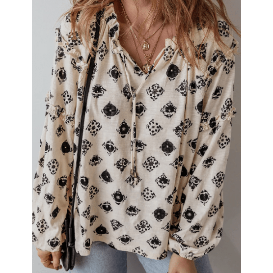 Maxen Printed Split Neck Bubble Sleeve Loose Blouse