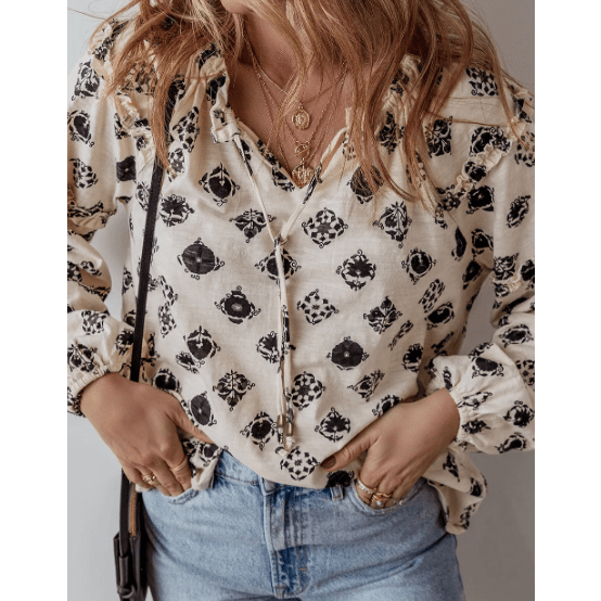 Maxen Printed Split Neck Bubble Sleeve Loose Blouse