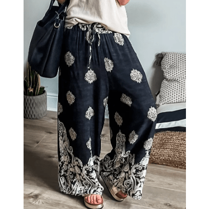 Gab Black Bohemian Printed Drawstring Waist Wide Leg Pants