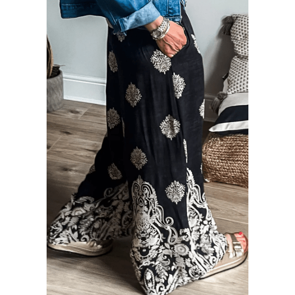 Gab Black Bohemian Printed Drawstring Waist Wide Leg Pants