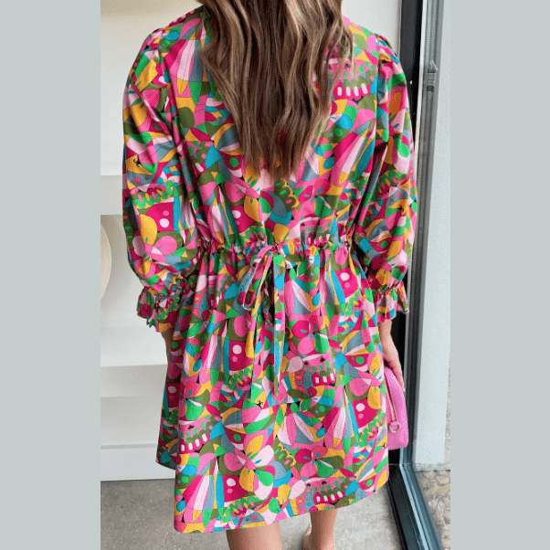 Hester Pink Abstract Printed Lantern Sleeve Buttoned Mini Dress