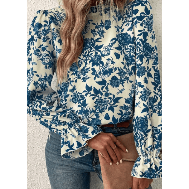 Idene Sky Blue Floral Print Flounce Sleeve Keyhole Back Blouse