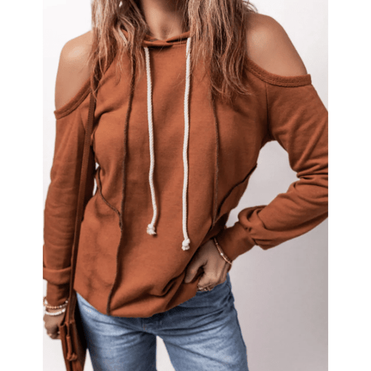 Marg Cinnamon Exposed Seam Cold Shoulder Drawstring Hoodie