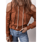 Marg Cinnamon Exposed Seam Cold Shoulder Drawstring Hoodie