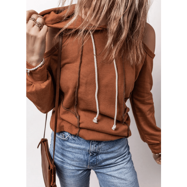 Marg Cinnamon Exposed Seam Cold Shoulder Drawstring Hoodie