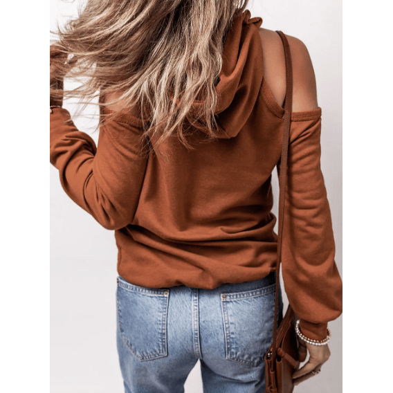 Marg Cinnamon Exposed Seam Cold Shoulder Drawstring Hoodie