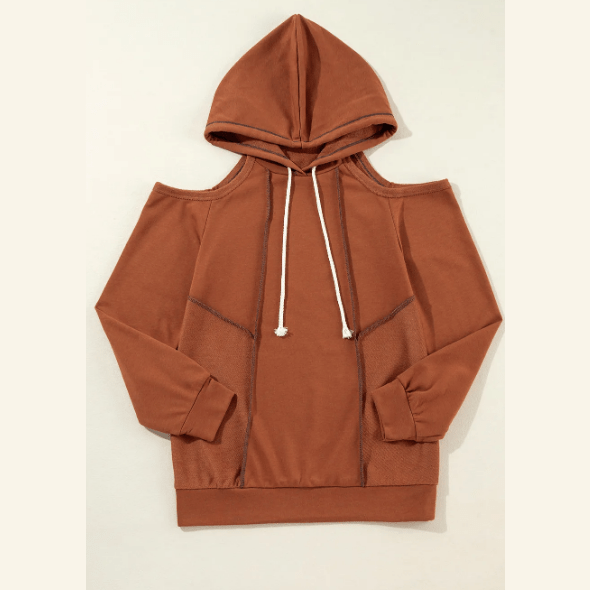 Marg Cinnamon Exposed Seam Cold Shoulder Drawstring Hoodie