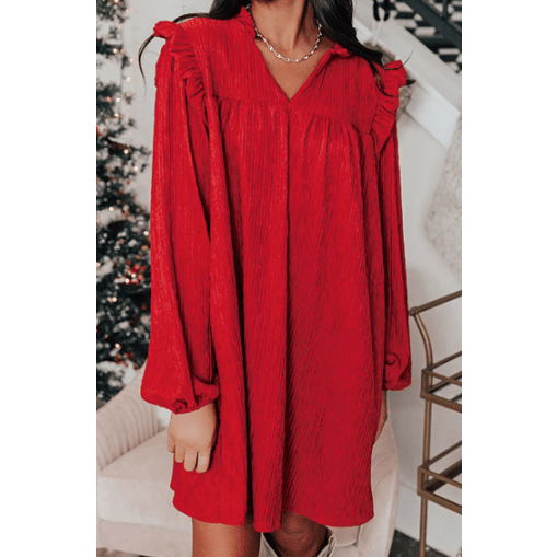 Leann Fiery Red Textured Ruffled Trim V Neck Loose Fit Mini Dress