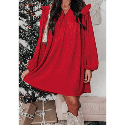 Leann Fiery Red Textured Ruffled Trim V Neck Loose Fit Mini Dress