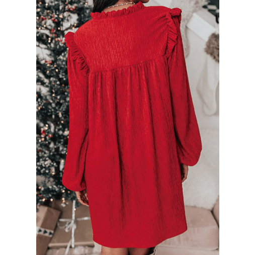 Leann Fiery Red Textured Ruffled Trim V Neck Loose Fit Mini Dress