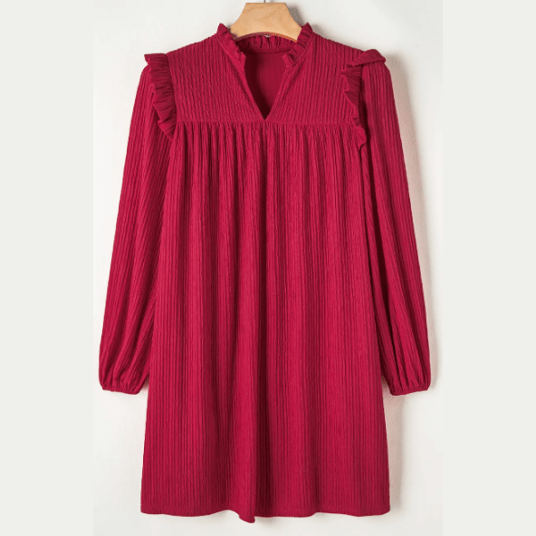 Leann Fiery Red Textured Ruffled Trim V Neck Loose Fit Mini Dress