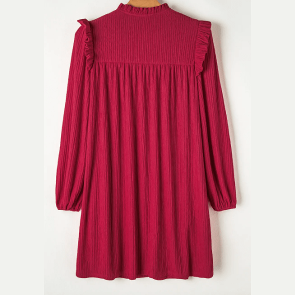 Leann Fiery Red Textured Ruffled Trim V Neck Loose Fit Mini Dress