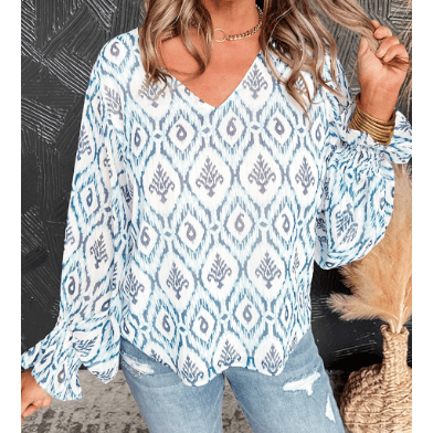 Tammy Sky Blue Geometric Print Shirred Puff Sleeve V Neck Blouse