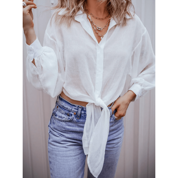 Jannel White Solid Knotted Front Loose Fit Sheer Shirt