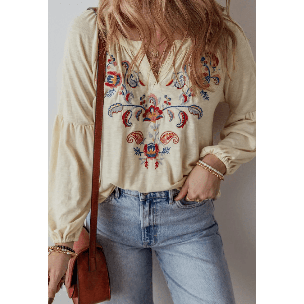 Demmi Paisley Floral Embroidered Notch V Neck Blouse