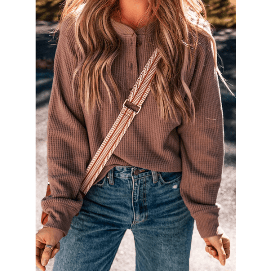 Paislee Chestnut Textured Knit Henley Long Sleeve Top