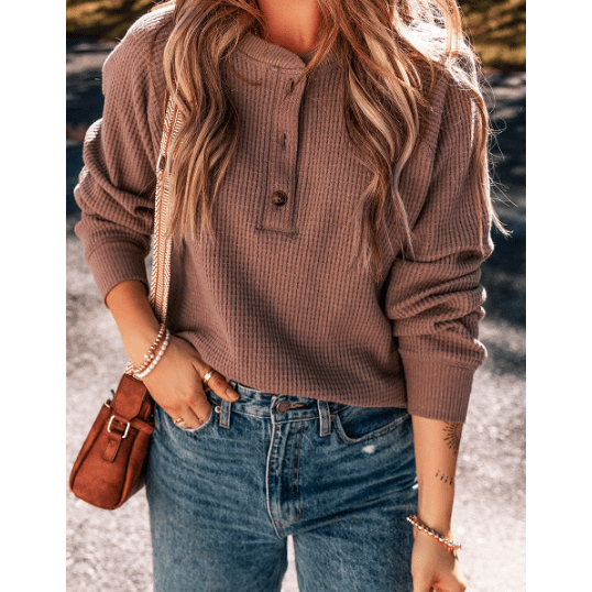 Paislee Chestnut Textured Knit Henley Long Sleeve Top