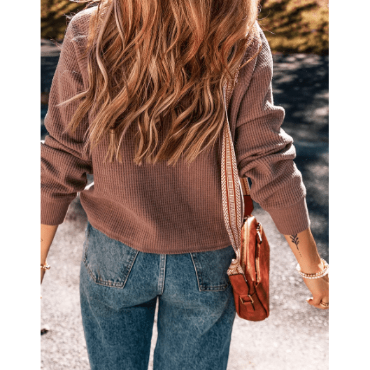 Paislee Chestnut Textured Knit Henley Long Sleeve Top