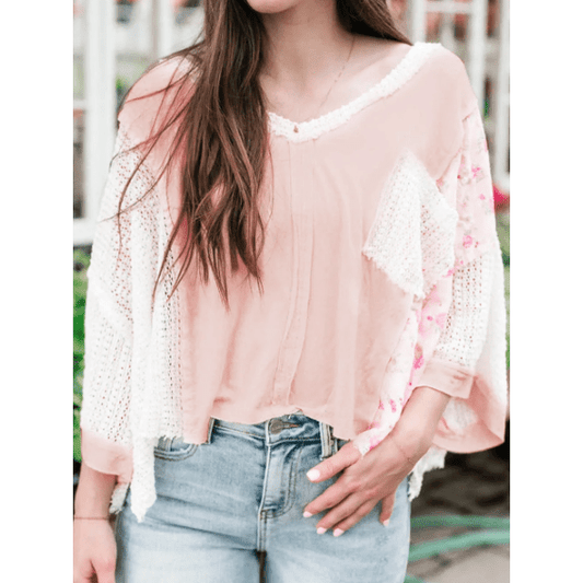 Roxanne Floral Lace Crochet Patchwork Batwing Sleeve Blouse