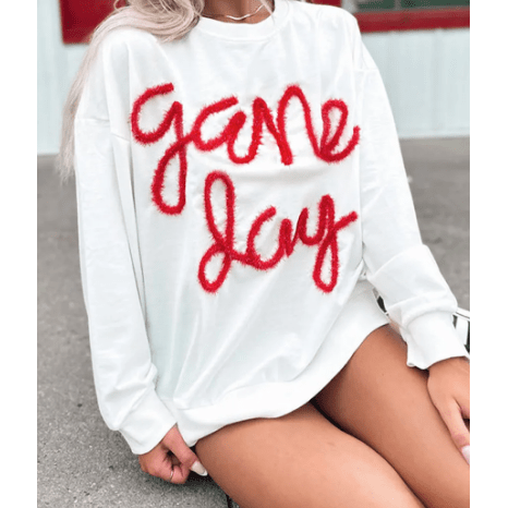 White/Red Tinsel Game Day Drop Shoulder Graphic Sweatshirt