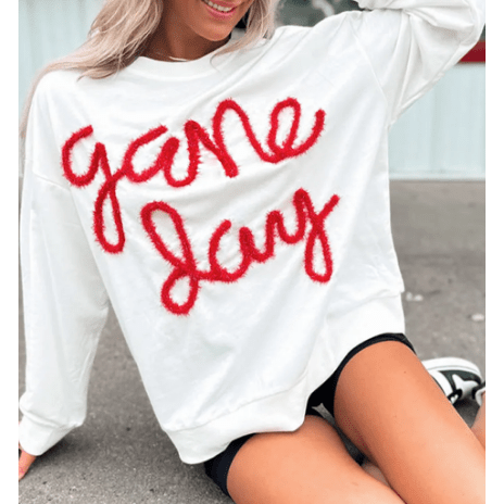 White/Red Tinsel Game Day Drop Shoulder Graphic Sweatshirt