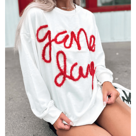 White/Red Tinsel Game Day Drop Shoulder Graphic Sweatshirt