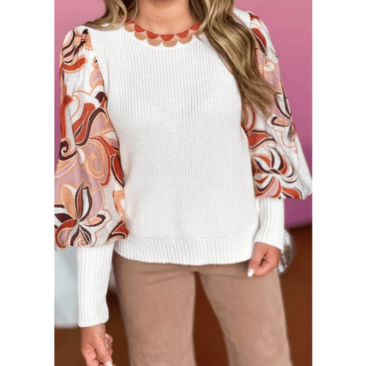 Effy White Floral Patch Bishop Sleeve Sweater