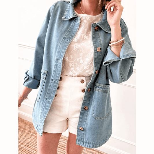 Lili Dusk Blue Slit Buttons Pocketed Denim Jacket