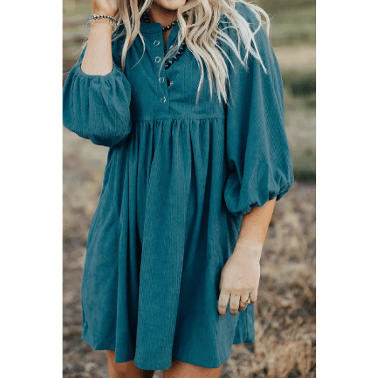 REDUCED!!!  Tabatha Blue Corduroy Snap Buttons Empire Waist Bracelet Sleeve Dress  REDUCED!!!