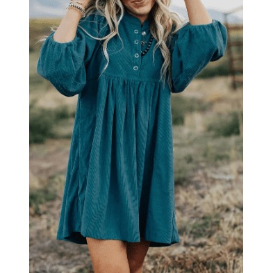 REDUCED!!!  Tabatha Blue Corduroy Snap Buttons Empire Waist Bracelet Sleeve Dress  REDUCED!!!
